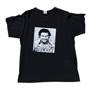 Pablo Escobar Mugshot T-Shirt Black Graphic Tee Medellin Colombia Size Large